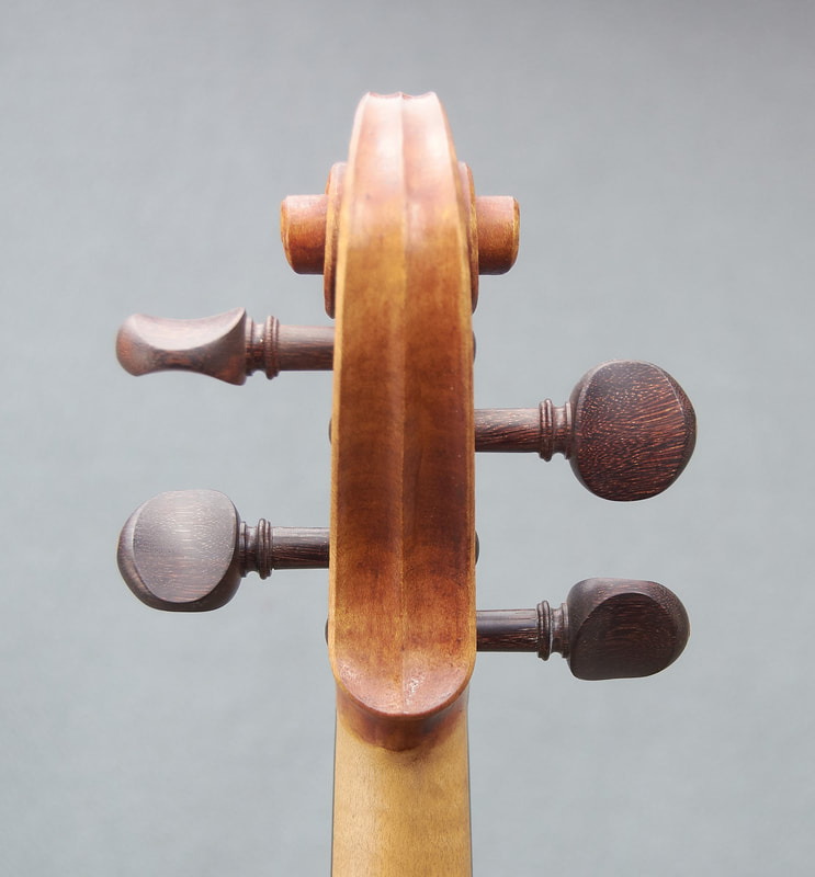 The scroll of a beautiful, handmade Titan Model Violin by Andrew Woods (back view). 
