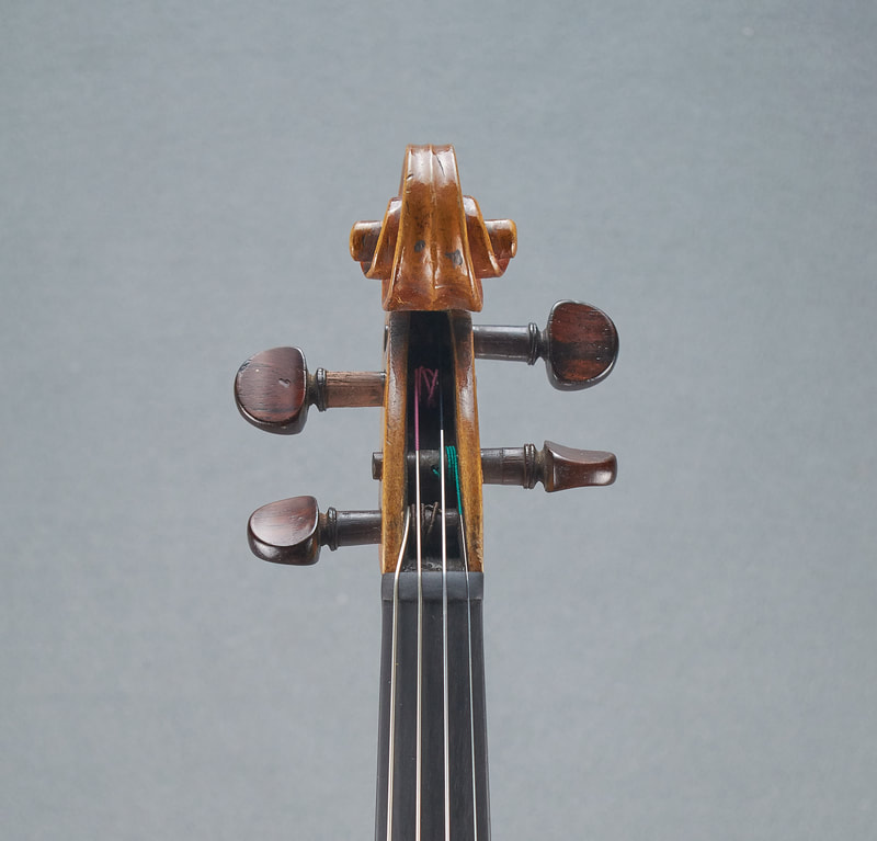 The scroll of an antique, handmade Dresden Violin (front view).